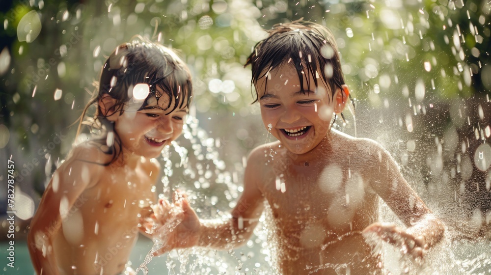 Children's laughter resonates as they play in water sprinkles, a scene of summer delight Children's laughter resonates as they play in water sprinkles, a scene of summer delight