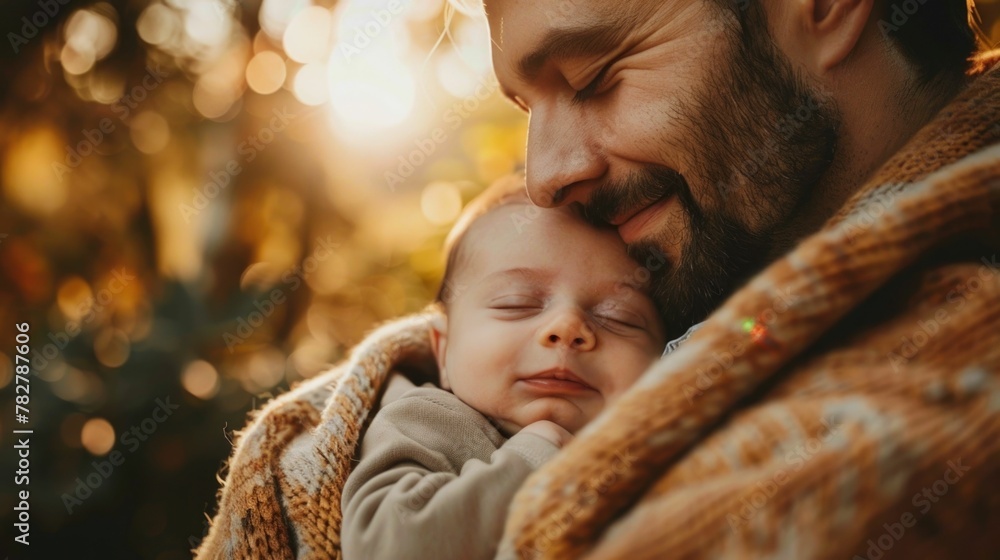 Obraz premium Newborn Baby Snuggling in Father s Arms Amidst Serene Surroundings