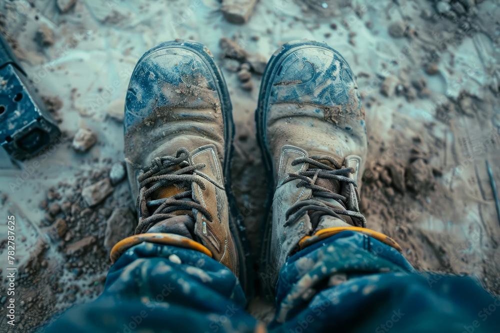 Hiker's muddy boots close-up after a trek, with outdoor adventure gear in the background