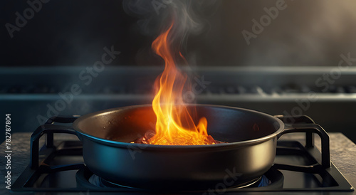 Earth globe of the planet boiling in hot water in a pan on the fire of a gas stove, conceptual illustration of global warming, over heating of the world in climate change concept image, fry