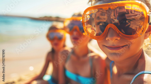 Young girl with snorkeling goggles on beach, her smile reflecting the joy of summer holidays