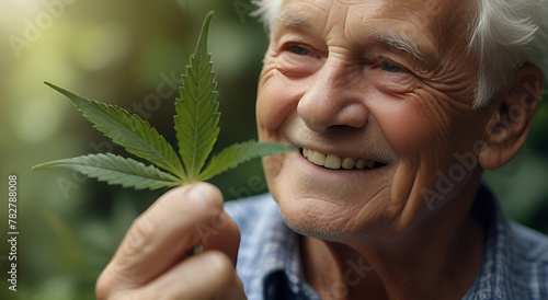 A smiling elderly person holding a fresh cannabis leaf in his hand, with an peaceful and serene look, blurred face in background, leaf focused and detailed, pick
