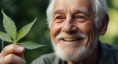 A smiling elderly person holding a fresh cannabis leaf in his hand, with an peaceful and serene look, blurred face in background, leaf focused and detailed, smile