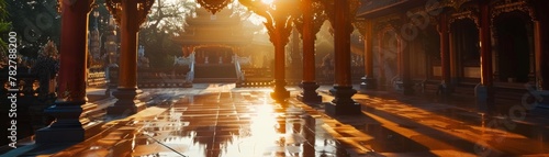 The serene beauty of a temple at dawn during Songkran