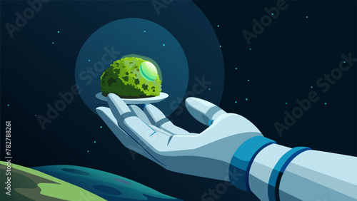 A gloved hand carefully holds a handful of strange greenglowing moss plucked from the surface of a distant moon. Nearby a rover stands ready to photo