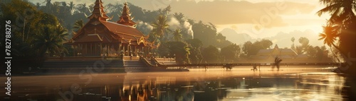 The serene beauty of a temple at dawn during Songkran photo