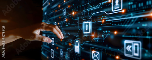 Digital security network. Abstract concept illustration featuring businessman guarding data with shield key and padlock symbolizing online privacy and cyber protection