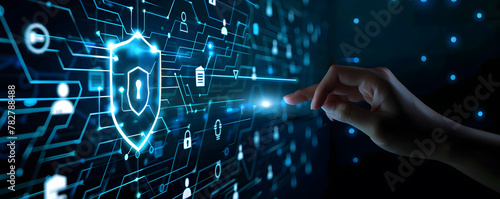 Digital security network. Abstract concept illustration featuring businessman guarding data with shield key and padlock symbolizing online privacy and cyber protection