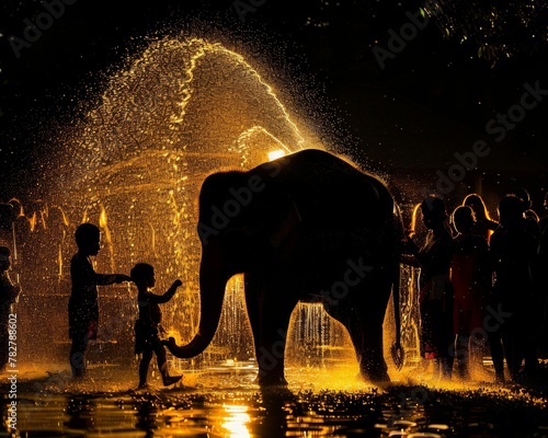 The silhouetted figure of a young elephant playing at the edge of a Songkran celebration