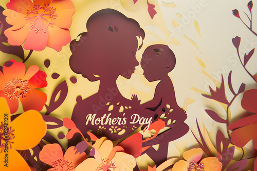 a paper cut of an isolated mother holding a child in papercut style, write the text "Mother's Day "