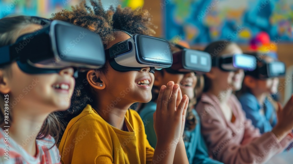 Tech-Enabled Education: Create scenes of students and educators utilizing advanced educational technology, such as AI tutors, interactive learning platforms, and virtual reality field trips Tech-Enabled Education: Create scenes of students and educators utilizing advanced educational technology, such as AI tutors, interactive learning platforms, and virtual reality field trips