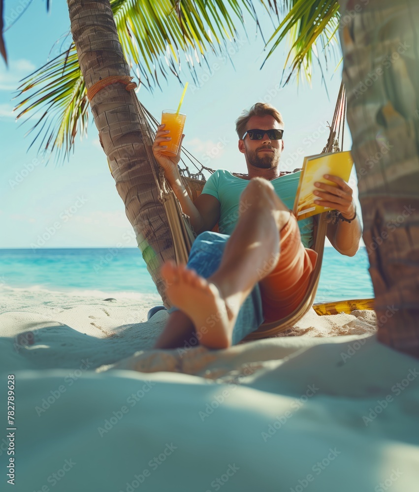Boy on a paradisaical beach reading a book and drinking juice in summer - obrazy, fototapety, plakaty 