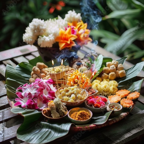 A detailed shot of a Songkran offering plate with food photo