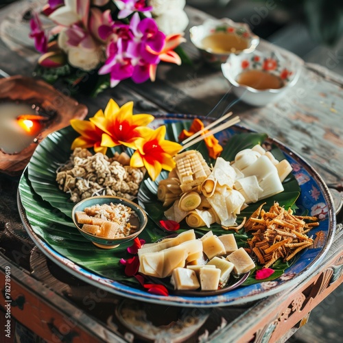 A detailed shot of a Songkran offering plate with food photo