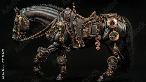 Steampunk horse sculpture with metallic gears, merging equine grace with industrial fantasy.