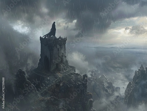 Gothic castle perched atop a craggy peak amidst a storm, a vision of dark fantasy and epic tales.