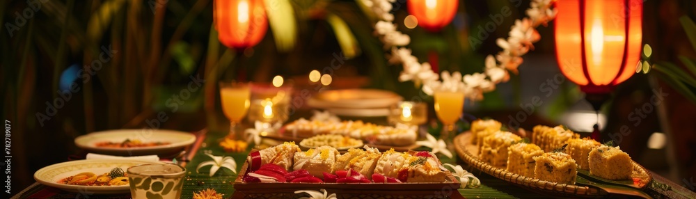 A festive Songkran table setting with traditional desserts A festive Songkran table setting with traditional desserts