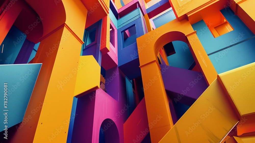 Fototapeta premium Colorful geometric shapes form an abstract structure creating a sense of playful creativity and design.