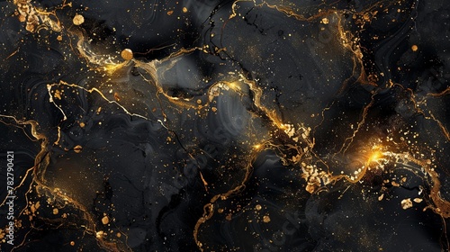 Intricate dark and gold marble pattern design. © pprothien