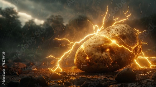 Dramatic lightning striking a potato, creating a powerful and electric food concept.