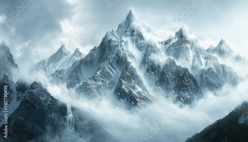 panoramic view of towering mountains cloaked in mist, with cascading waterfalls adding to the dramatic allure