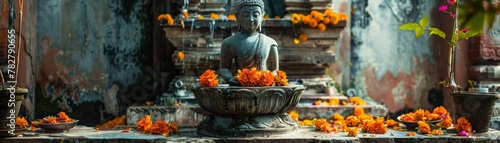 A quiet nook in a temple a Buddha statue surrounded by offerings of water and flowers