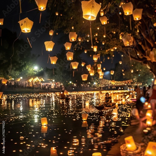 A serene riverside Songkran ritual with lanterns floating on the water