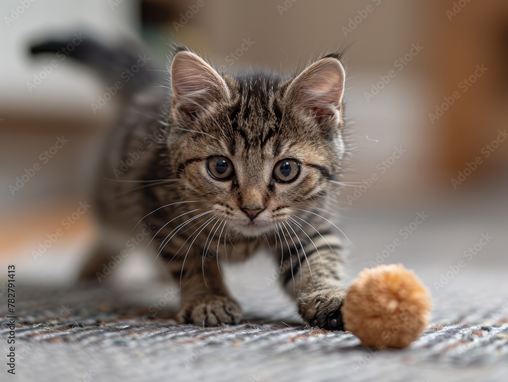 Playful Kitten with Blue Eyes and a Pompom Toy on a Patterned Rug Playful Kitten with Blue Eyes and a Pompom Toy on a Patterned Rug