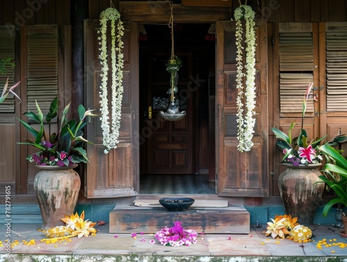 A traditional Thai home entrance welcoming Songkran with a water bowl