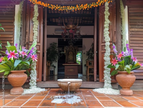 A traditional Thai home entrance welcoming Songkran with a water bowl