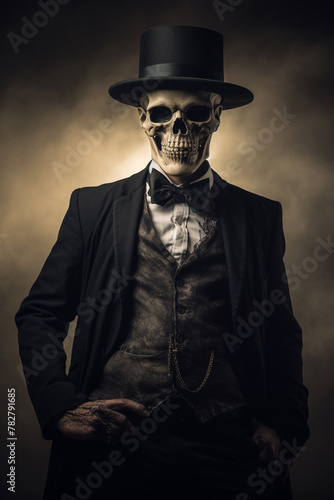 The Gentleman of Darkness, Eerie portrait of a skeleton in a top hat and tuxedo, with a moody backdrop.