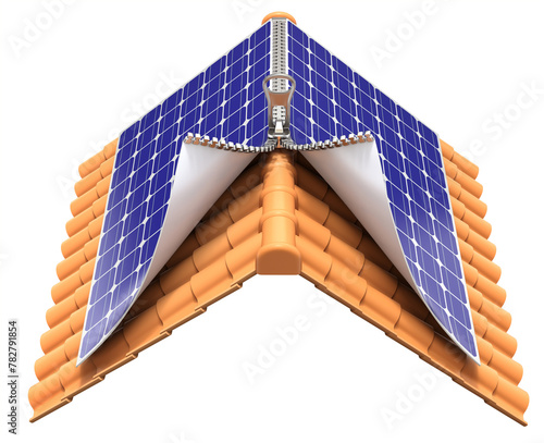 Install solar panels on the roof concept with the zipper - 3D illustration