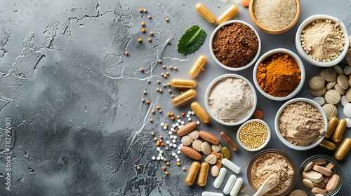 Nutritional Supplements Spread, Top view of various nutritional supplements and natural ingredients.