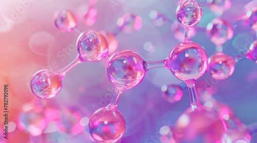 Numerous bubbles floating in mid-air against a blurred molecular structure background