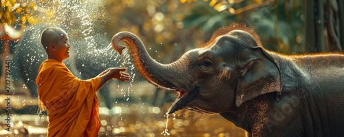 A young elephant gently receiving a water blessing from a monk