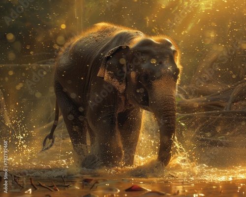 A young elephant its skin glistening with water