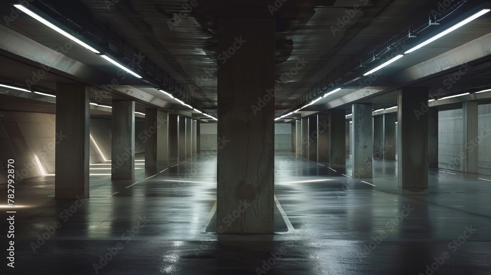 The geometric precision of an empty underground parking, captured in muted lighting