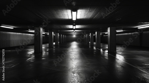 The eerie calm of an underground car park, broken only by the stark outline of a parking barrier photo