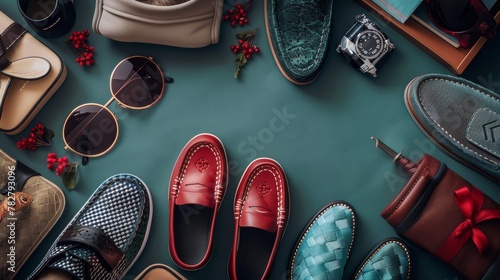 Sleek male slippers showcased amidst elegant women's accessories, perfect for e-commerce photo