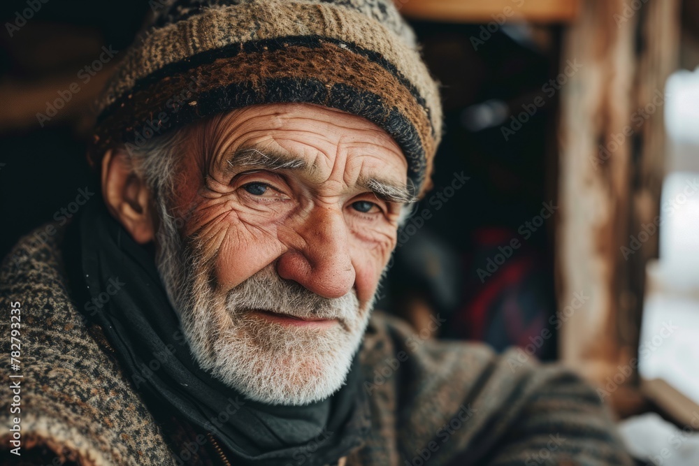 Old man with a gray beard and a beret in the village Old man with a gray beard and a beret in the village