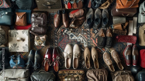 Male slippers taking center stage, surrounded by a constellation of women's shoes and bags