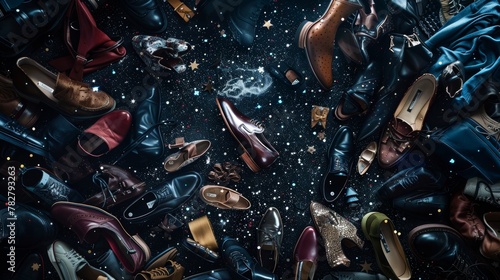 Male slippers taking center stage, surrounded by a constellation of women's shoes and bags photo