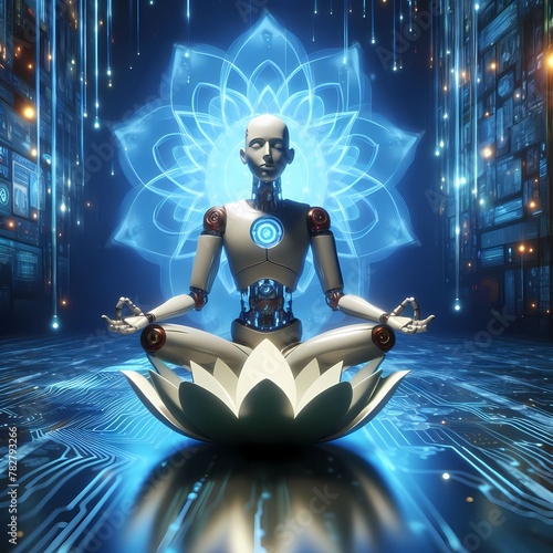The android man does yoga in lotus pose 