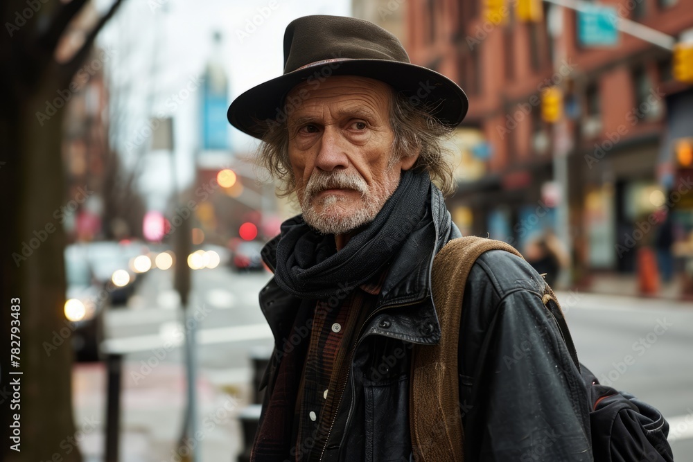Portrait of an old man in a hat and coat on a city street Portrait of an old man in a hat and coat on a city street