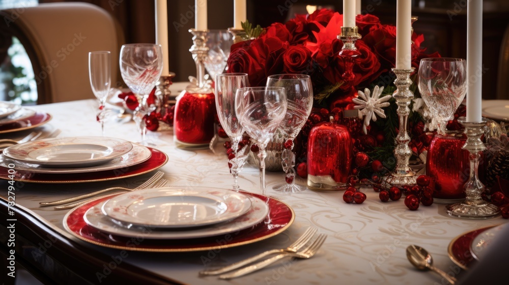 The picture of the luxury dining room that has been prepared for the ceremony, anniversary or just normal business dining that the table fill with silverware, plate, utensil and the wineglass. AIGX01.