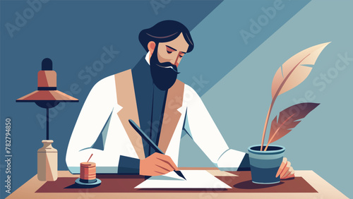 A calligrapher their elegant writing desk delicately dipping their quill into a pot of ink to create smooth graceful strokes on the parchment