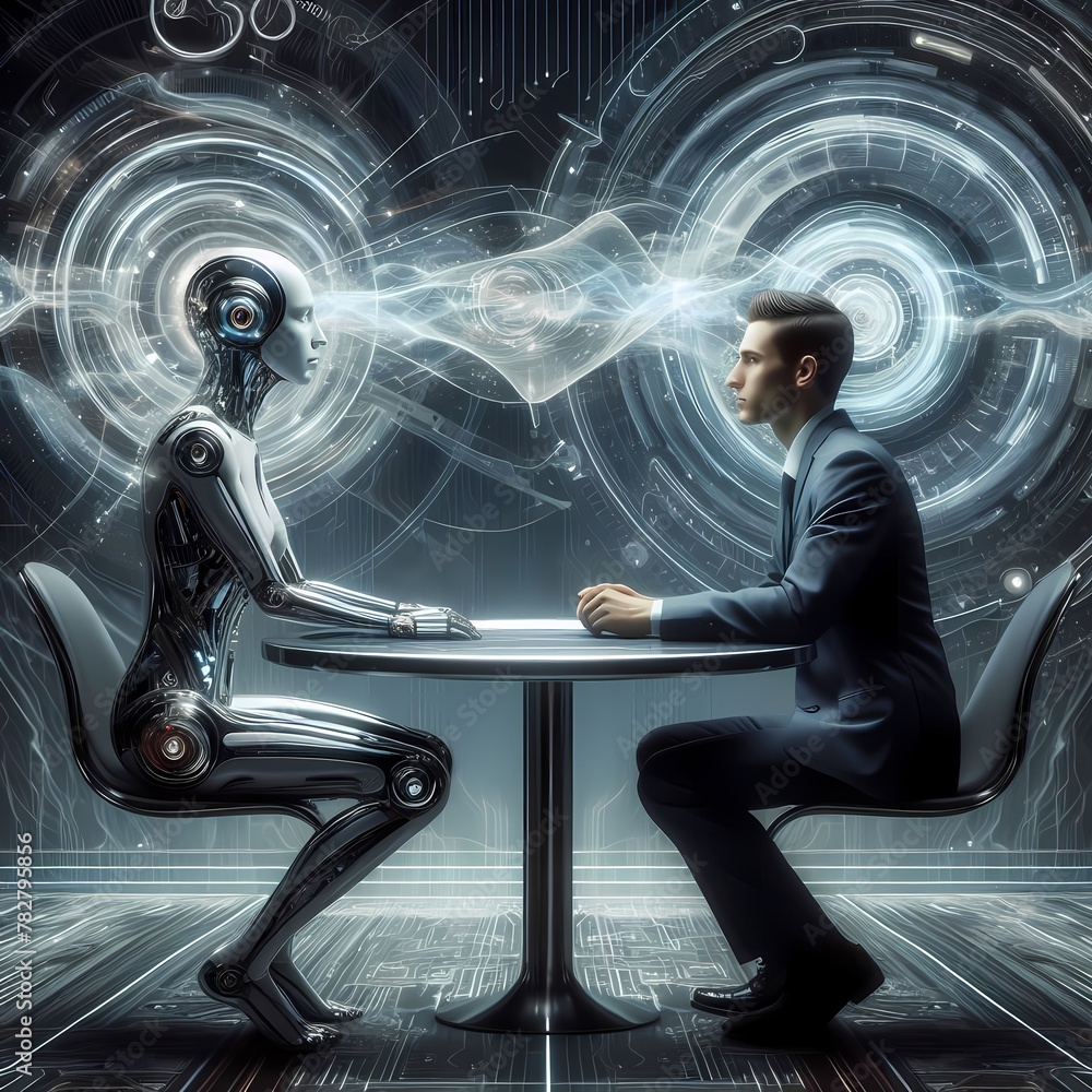 Naklejka premium Man and android communicate by mind power