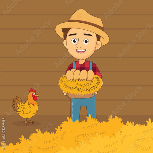 Young Man Farmer with chicken and egg