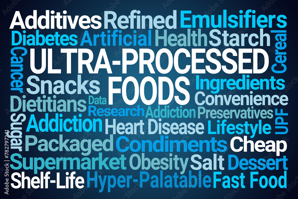 Ultra-Processed Foods Word Cloud on Blue Background