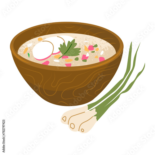 Traditional Russian cold soup okroshka. Kvass soup with sausage and eggs. Summer food for hot weather. Vector illustration isolated on transparent background.